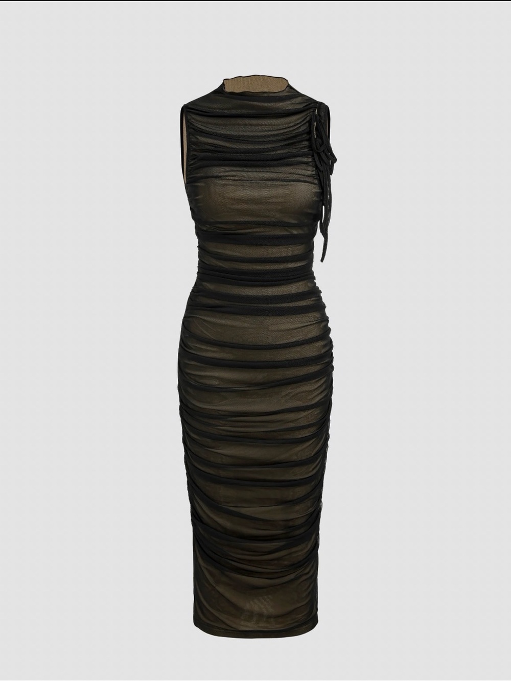 Cider Black Sleeveless Ruched Sheer Midi Dress